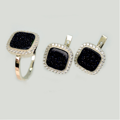 Серебряный комплект с авантюрином и фианитами