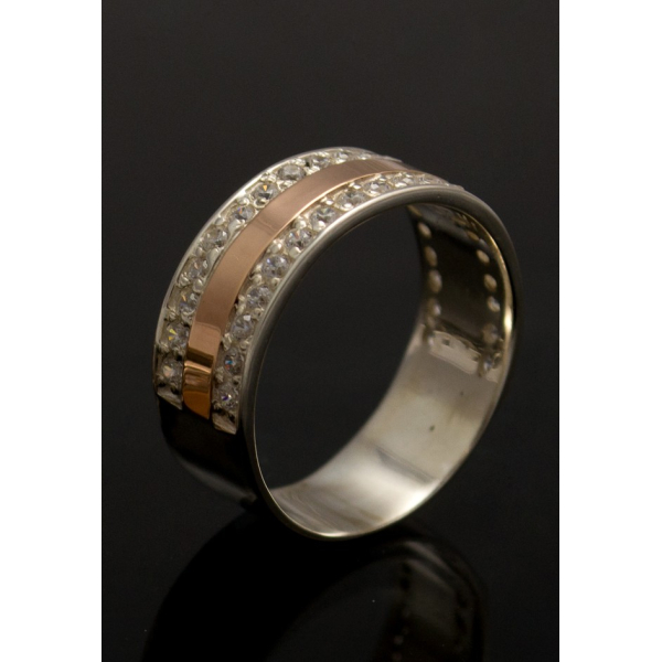 Серебряное кольцо с золотыми вставками (002к)