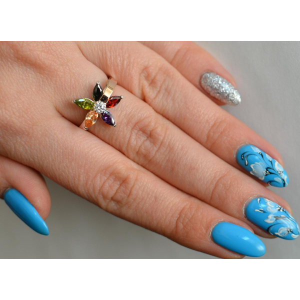 Серебряное кольцо с золотыми вставками (034к)