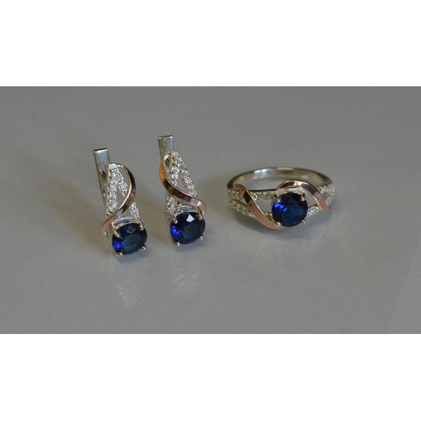 Срібний комплект прикрас з золотими вставкми (075)