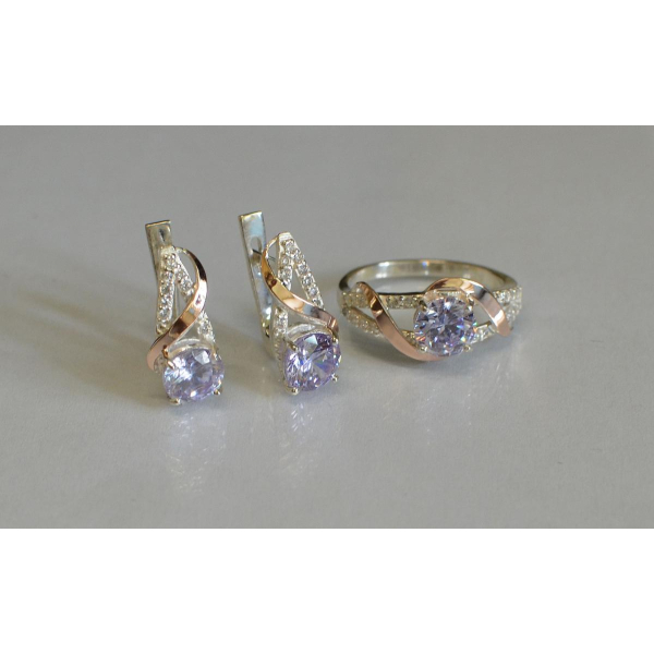 Срібний комплект прикрас з золотими вставкми (075)