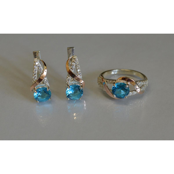 Срібний комплект прикрас з золотими вставкми (075)