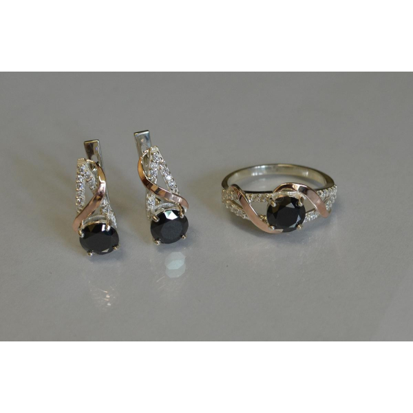 Срібний комплект прикрас з золотими вставкми (075)