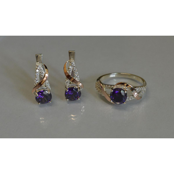 Срібний комплект прикрас з золотими вставкми (075)