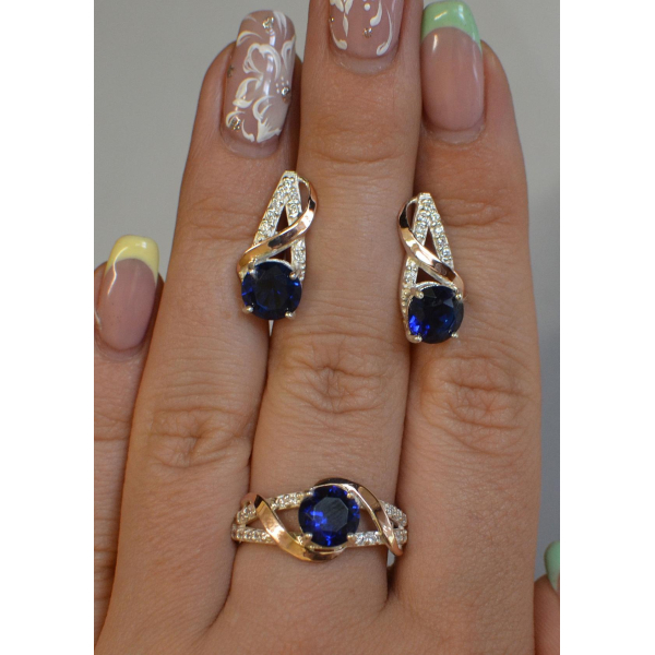 Срібний комплект прикрас з золотими вставкми (075)