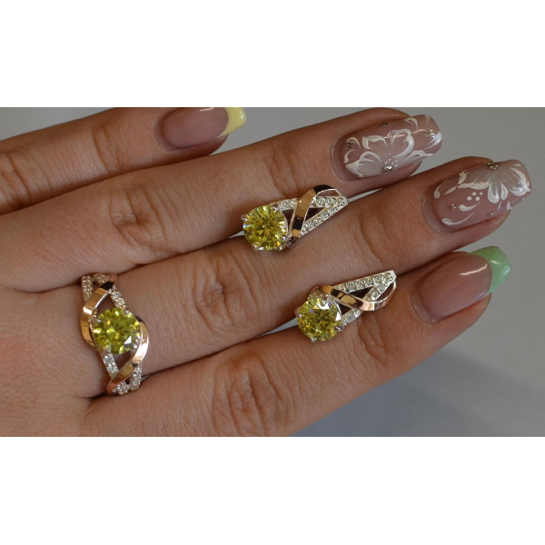 Срібний комплект прикрас з золотими вставкми (075)