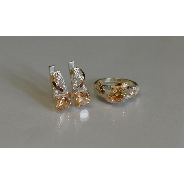 Срібний комплект прикрас з золотими вставкми (075)