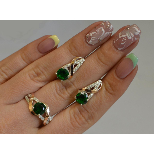 Срібний комплект прикрас з золотими вставкми (075)