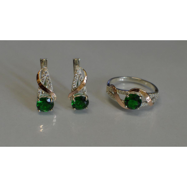 Срібний комплект прикрас з золотими вставкми (075)