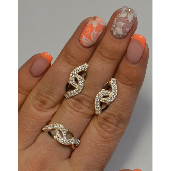 Серебряный комплект с золотыми напайками и фианитами (081)