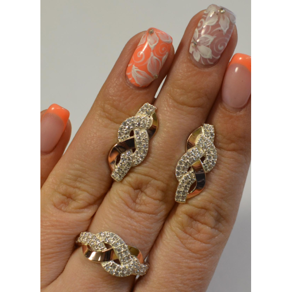 Серебряный набор с золотыми напайками и фианитами (086)