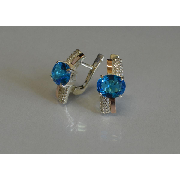 Серебряные серьги с золотыми пластинами и фианитами (096с)