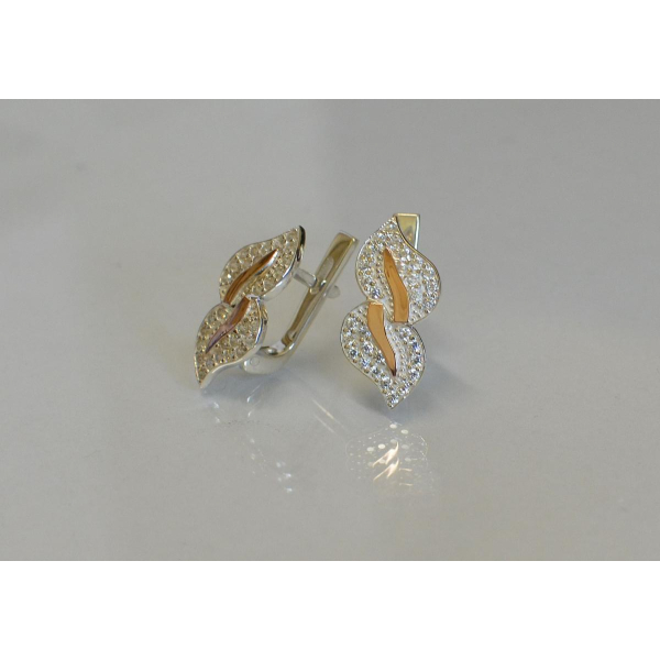 Серебряные серьги с золотыми пластинками и фианитами (097с)