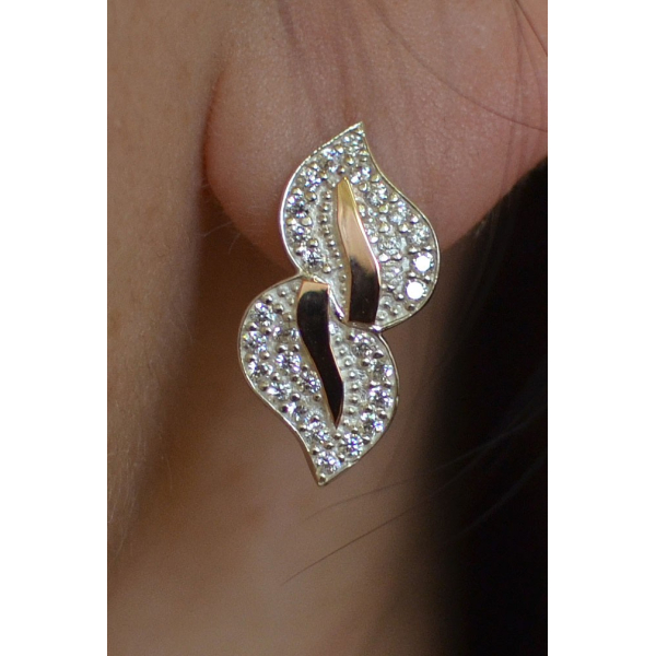 Серебряные серьги с золотыми пластинками и фианитами (097с)