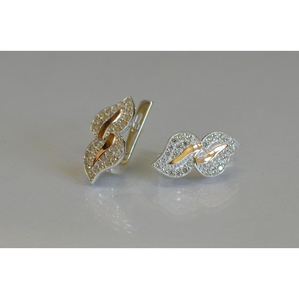 Серебряные серьги с золотыми пластинками и фианитами (097с)