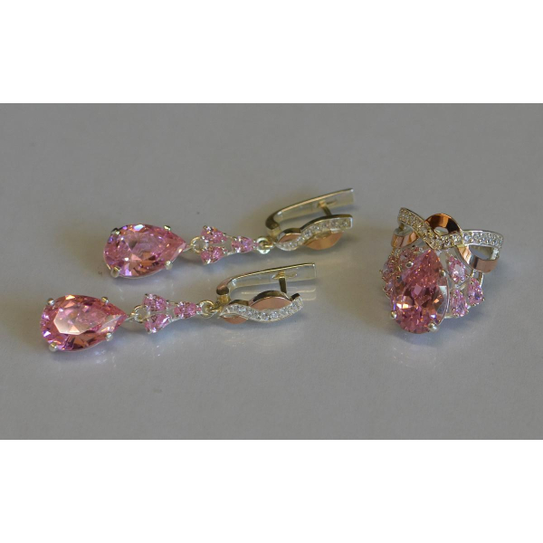 Срібний набір з золотими вставками і фіанітами (099)