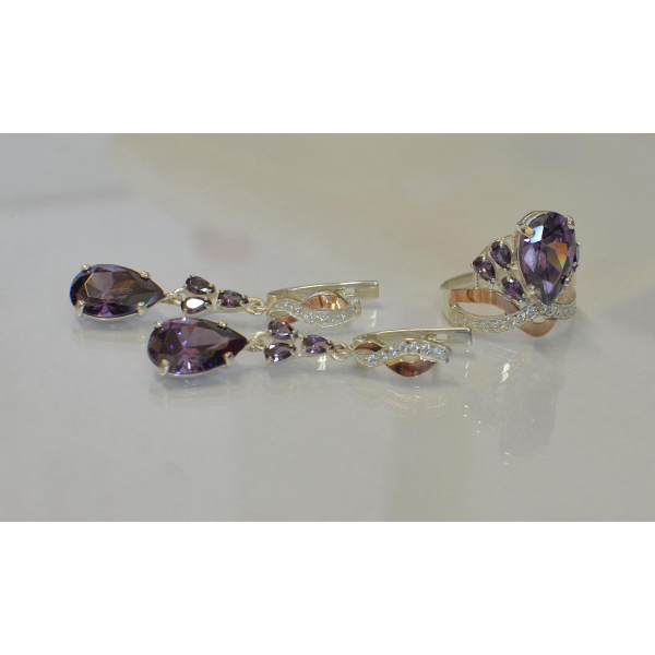 Срібний набір з золотими вставками і фіанітами (099)