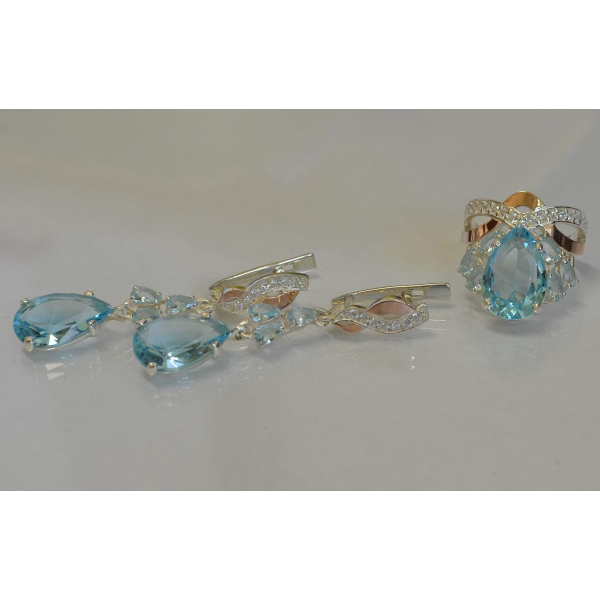 Срібний набір з золотими вставками і фіанітами (099)