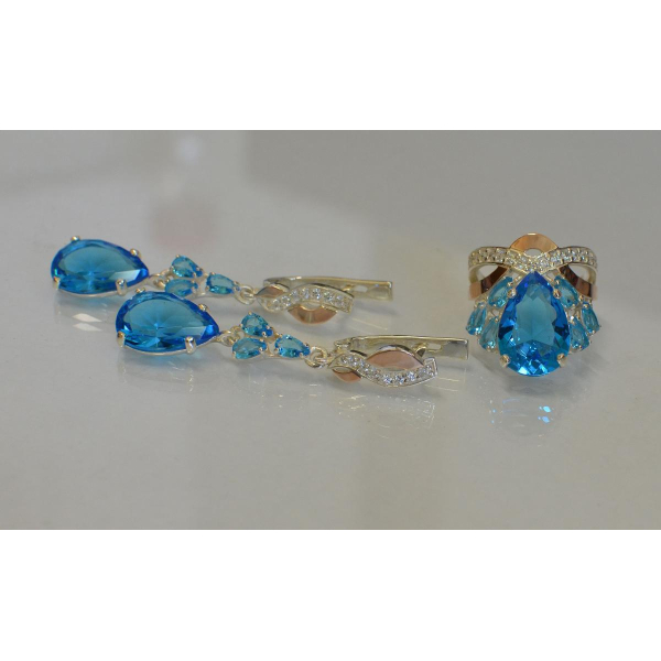 Срібний набір з золотими вставками і фіанітами (099)