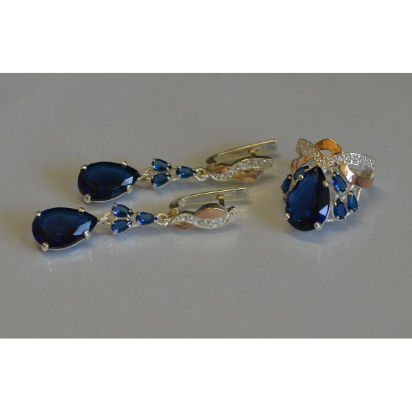 Срібний набір з золотими вставками і фіанітами (099)