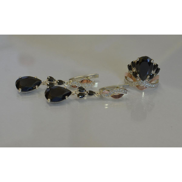 Срібний набір з золотими вставками і фіанітами (099)