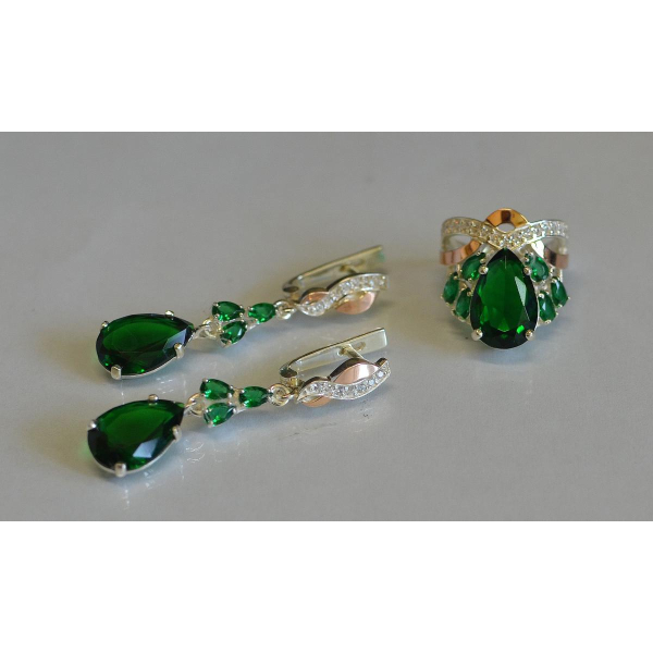 Срібний набір з золотими вставками і фіанітами (099)