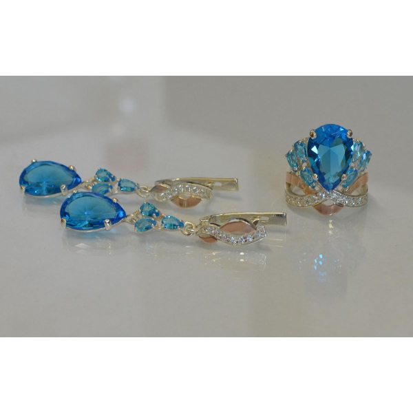 Срібний набір з золотими вставками і фіанітами (099)