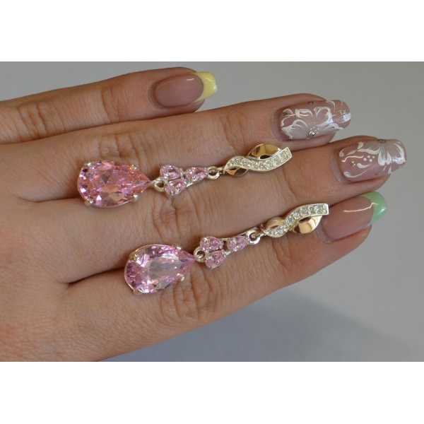 Серьги серебряные с золотыми пластинами и фианитами (099с)