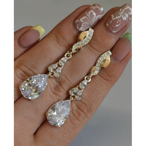 Серьги серебряные с золотыми пластинами и фианитами (099с)