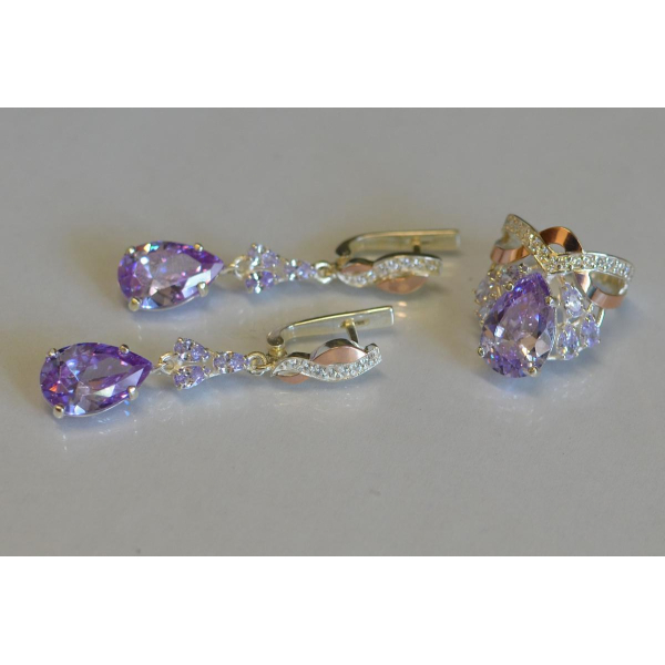 Серьги серебряные с золотыми пластинами и фианитами (099с)