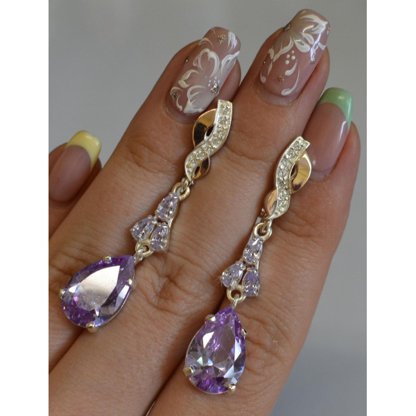 Серьги серебряные с золотыми пластинами и фианитами (099с)