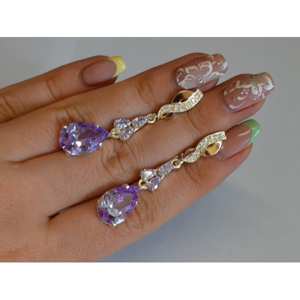 Серьги серебряные с золотыми пластинами и фианитами (099с)