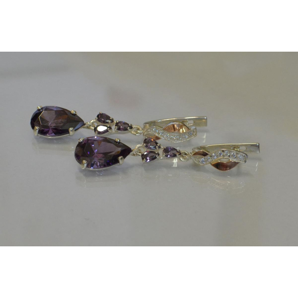 Серьги серебряные с золотыми пластинами и фианитами (099с)