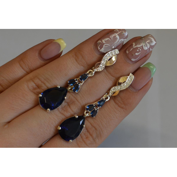 Серьги серебряные с золотыми пластинами и фианитами (099с)