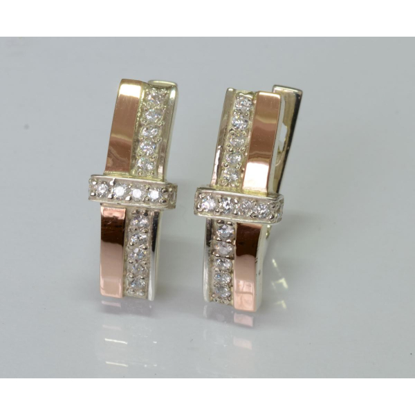 Серьги серебряные с золотыми вставками и фианитами (101с)