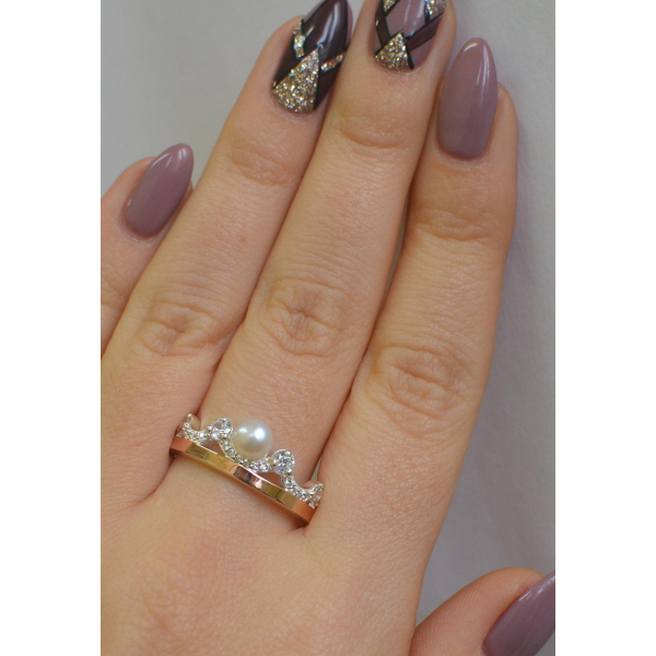 Серебряное кольцо корона с жемчугом (107к)