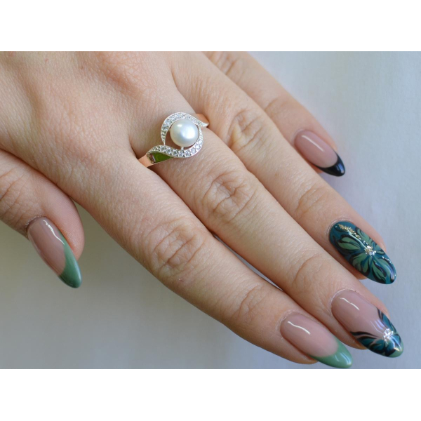 Срібна каблучка з золотоми вставками та перлиною (110к)