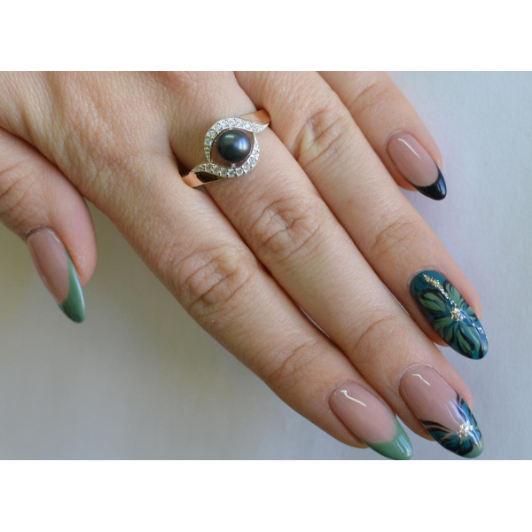 Срібна каблучка з золотоми вставками та перлиною (110к)