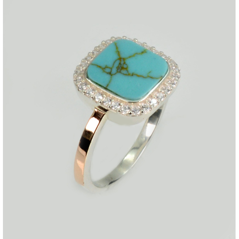 Срібна каблучка з бірюзою та фіанітами