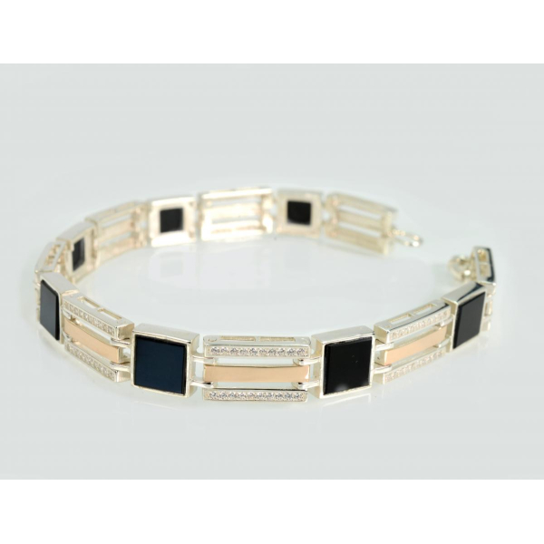 Серебряный браслет с золотыми пластинами и вставками из оникса (Бр35)