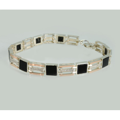 Мужской серебряный браслет с золотыми вставками и ониксом