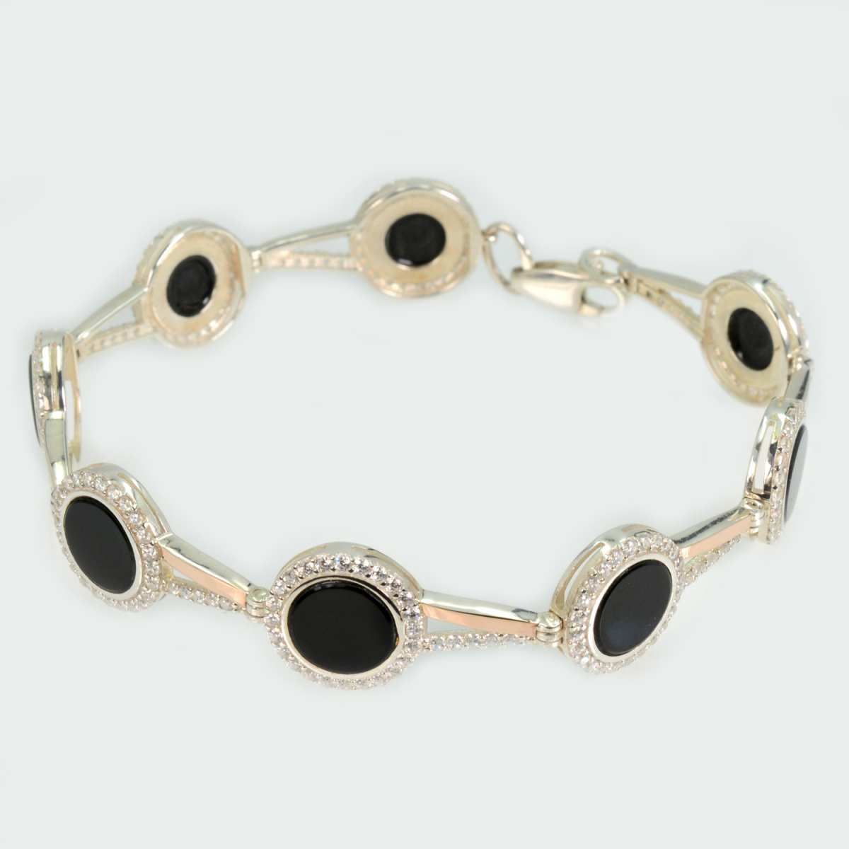 Серебряный браслет с золотыми пластинами и фианитами (Бр32)