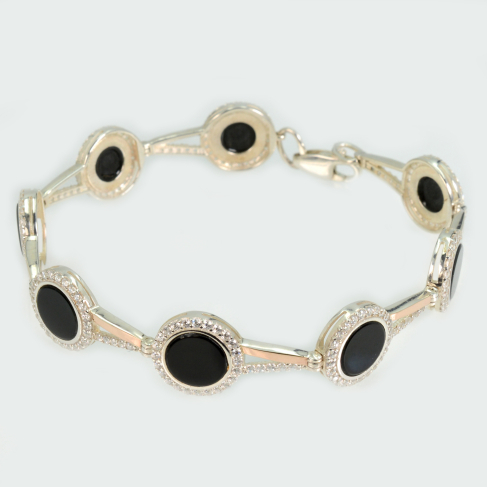 Серебряный браслет с золотыми пластинами и фианитами